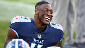Titans receiver A.J. Brown smiling on the sideline